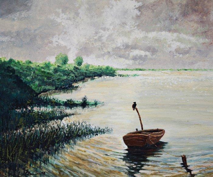 École européenne (XX) - Barque solitaire sur le lac, Antiek en Kunst, Kunst | Schilderijen | Klassiek