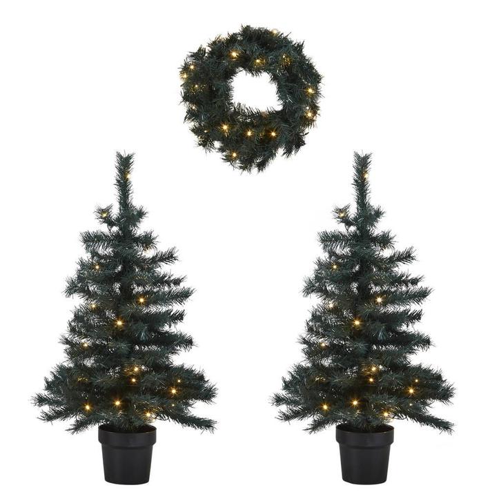2 verlichte kerstbomen en krans Fraser (h95 x Ø55 cm), Huis en Inrichting, Schoonmaakartikelen, Verzenden