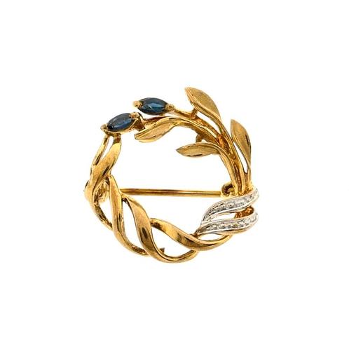 8 Krt. florale broche met saffier (vintage broche, floraal), Sieraden, Tassen en Uiterlijk, Antieke sieraden, Met edelsteen, Goud