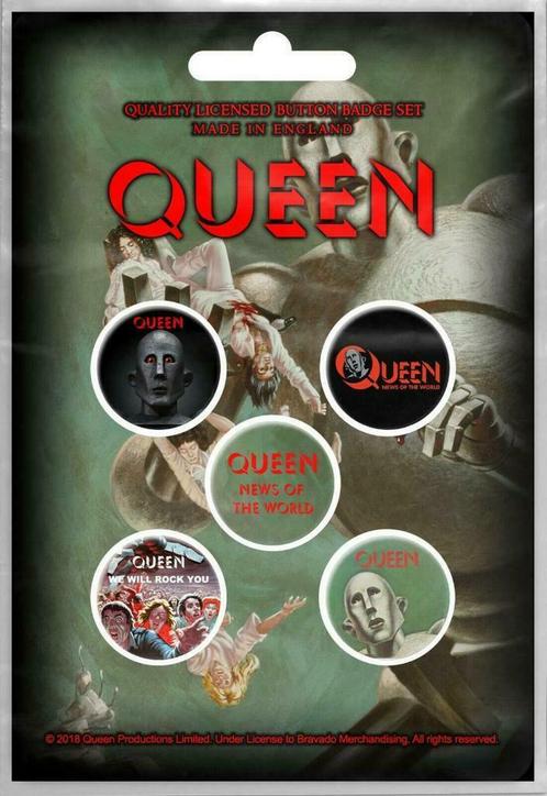 Queen button News of the World 5-pack officiële merchandise, Verzamelen, Muziek, Artiesten en Beroemdheden, Gebruiksvoorwerp, Nieuw
