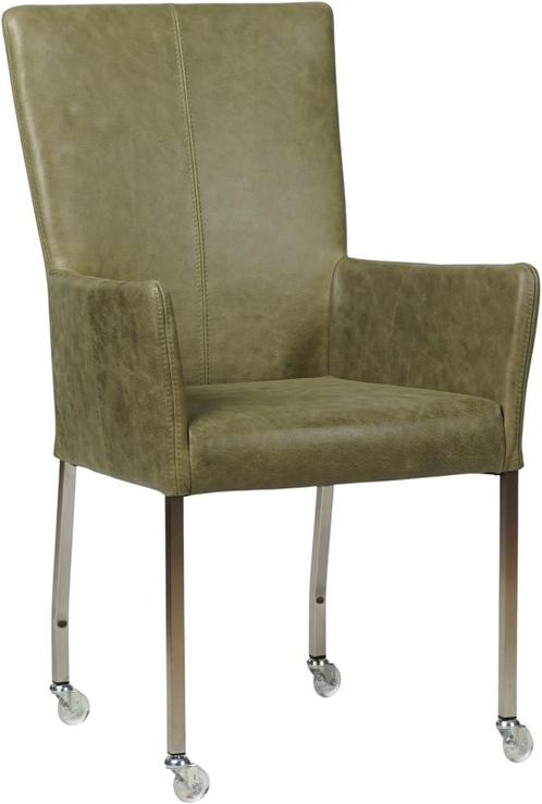 Olijfgroene leren moderne eetkamerstoel - met armleuning poo, Huis en Inrichting, Stoelen, Eén, Overige kleuren, Nieuw, Leer, Ophalen of Verzenden