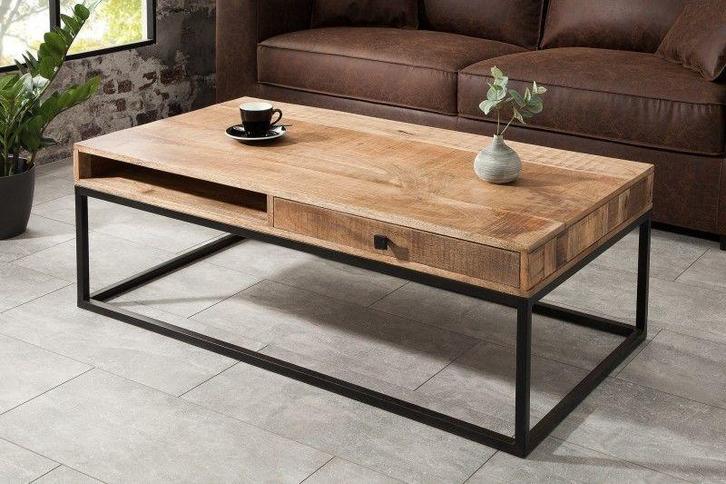 Massieve salontafel IRON CRAFT 100cm mangohout met lade -, Huis en Inrichting, Tafels | Salontafels, Ophalen of Verzenden