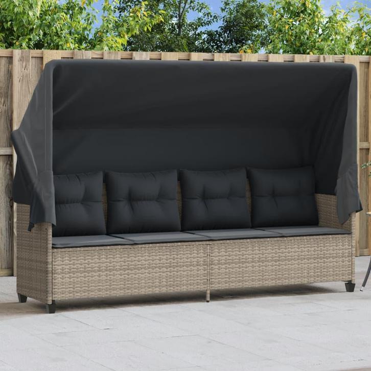 vidaXL Ligbed met luifel en kussens poly rattan lichtgrijs, Tuin en Terras, Ligbedden, Nieuw, Verzenden