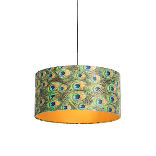 Hanglamp met velours kap pauw met goud 50 cm - Combi, Huis en Inrichting, Lampen | Hanglampen, Nieuw, Overige materialen, 75 cm of meer