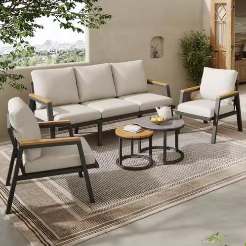 5-Delige Tuinset met Kussens – Glastafel &amp; Kunsthout, Tuin en Terras, Tuinsets en Loungesets, Nieuw, Verzenden