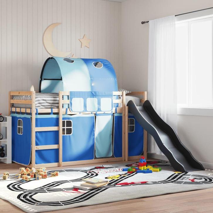 vidaXL Stapelbed met glijbaan en gordijnen blauw 90x200 cm, Huis en Inrichting, Slaapkamer | Bedden, 90 cm, 200 cm, Blauw, Eenpersoons
