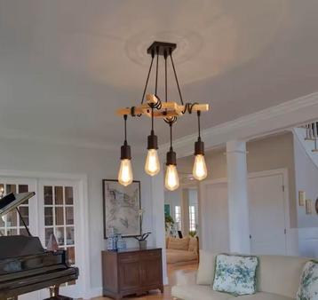 Industriële Vintage Hanglamp – Houten Kroonluchter E27 Zwart beschikbaar voor biedingen
