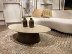 Ovale Salontafel Valentino – Travertin &amp; Mangohout | 120cm, Huis en Inrichting, Tafels | Salontafels, Ophalen, Nieuw