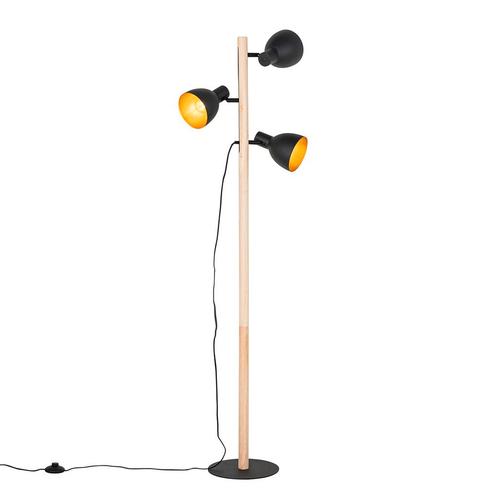 Landelijke vloerlamp zwart met hout 3-lichts - Flint, Huis en Inrichting, Lampen | Vloerlampen, Nieuw, Overige materialen, 150 tot 200 cm