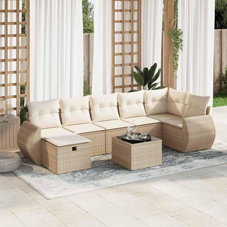 vidaXL 8-delige Loungeset met kussens poly rattan beige, Tuin en Terras, Tuinsets en Loungesets, Loungeset, Nieuw, 7 zitplaatsen