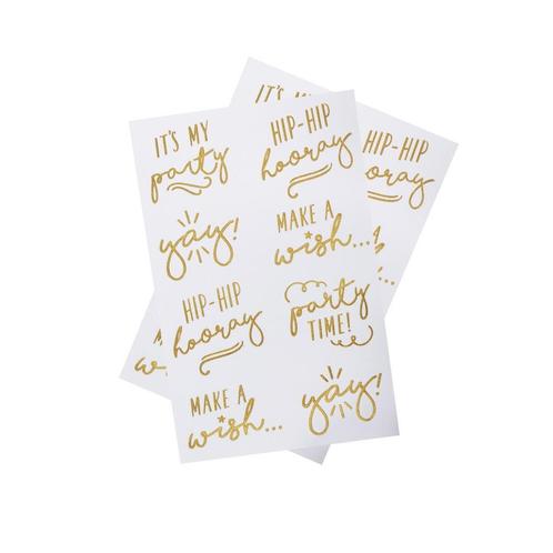 Gouden Nep Tattoos Hooray 4cm 16st, Hobby en Vrije tijd, Feestartikelen, Nieuw, Verzenden