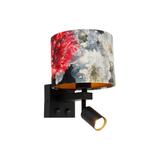 Wandlamp zwart met leeslamp en kap 18 cm bloemen - Brescia, Huis en Inrichting, Lampen | Wandlampen, Nieuw, Overige materialen
