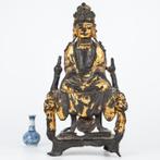 Standbeeld - Brons, Goud - Seated Guanyin on a throne