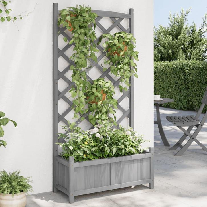 vidaXL Plantenbak met latwerk massief vurenhout grijs, Tuin en Terras, Bloembakken en Plantenbakken, Nieuw, Hout, Verzenden