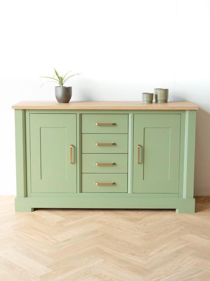 Groen dressoir met massief eiken blad | groene kast | Vavivo, Huis en Inrichting, Kasten | Dressoirs, 150 tot 200 cm, 25 tot 50 cm