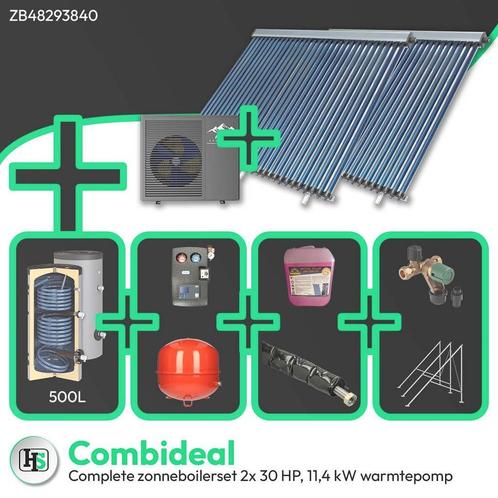 Complete zonneboilerset 2x 30hp, 500L met 11,4 kW warmtepomp, Doe-het-zelf en Verbouw, Verwarming en Radiatoren, 800 watt of meer