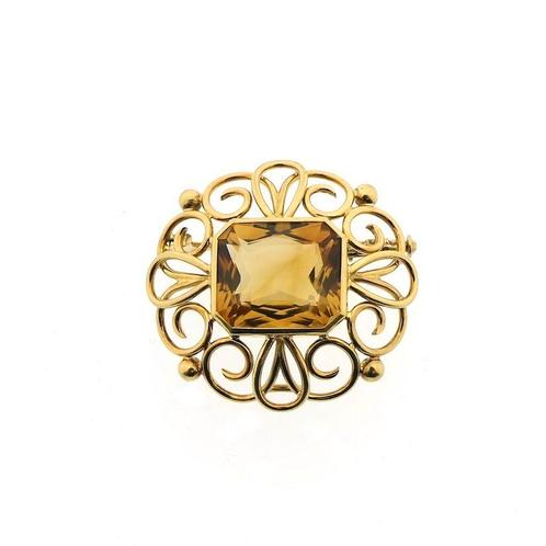 18 Krt. Gouden broche met citrien (sierlijk, hanger), Sieraden, Tassen en Uiterlijk, Broches, Overige kleuren, Gebruikt, Met edelsteen