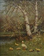 Constant Artz (1870-1951) - Een witte eend met kuikens bij
