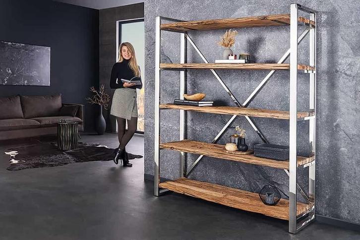 Massief houten plank BARRACUDA 185cm bruin teakhout zilver, Huis en Inrichting, Woonaccessoires | Wandplanken en Boekenplanken