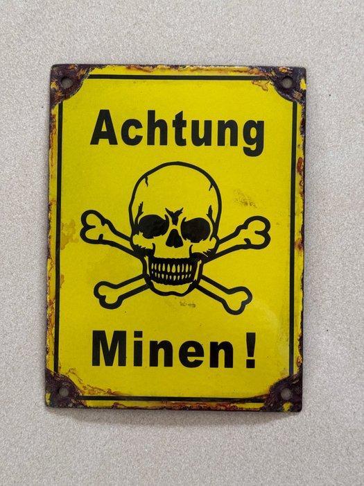 Emaille bord - Pas op mijnen! - Emaille, Antiek en Kunst, Antiek | Wandborden en Tegels