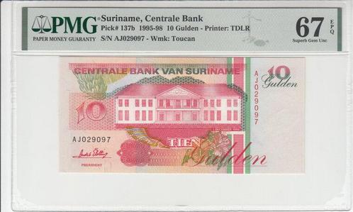 1996 Suriname P 137b 10 Gulden Pmg 67 Epq, Postzegels en Munten, Bankbiljetten | Europa | Niet-Eurobiljetten, Verzenden