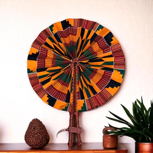 Afrikaanse handwaaier - Ankara print waaier - Kwaku - Oranje, Huis en Inrichting, Woonaccessoires | Wanddecoraties, Nieuw, Ophalen of Verzenden