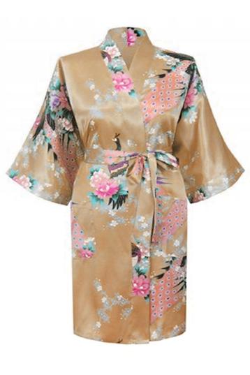 KIMU® Kimono Goud Kort S-M Yukata Satijn Boven de Knie Korte