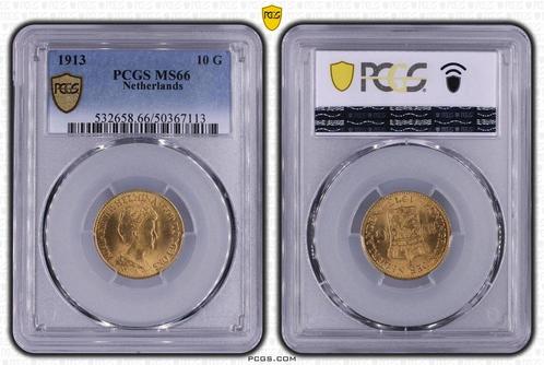 Gouden Wilhelmina 10 gulden 1913 MS66 gecertificeerd PCGS, Postzegels en Munten, Munten | Nederland, Losse munt, 10 gulden, Koningin Wilhelmina