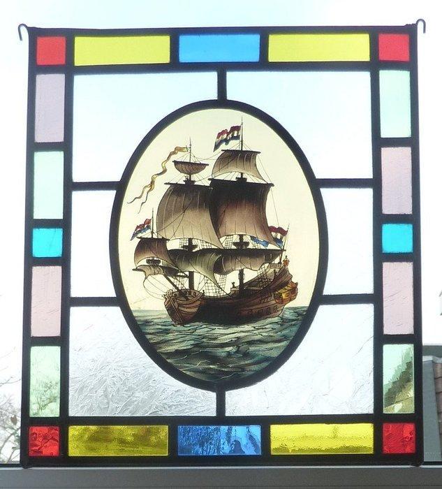 Glas-in-loodraam - 2e helft 20e eeuw - raamhanger VOC-schip, Antiek en Kunst, Curiosa en Brocante
