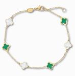 Gouden Klaver Parelmoer Groene Emaille Armband 14K, Verzenden, Nieuw, Goud, Goud