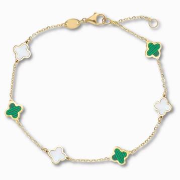 Gouden Klaver Parelmoer Groene Emaille Armband 14K beschikbaar voor biedingen