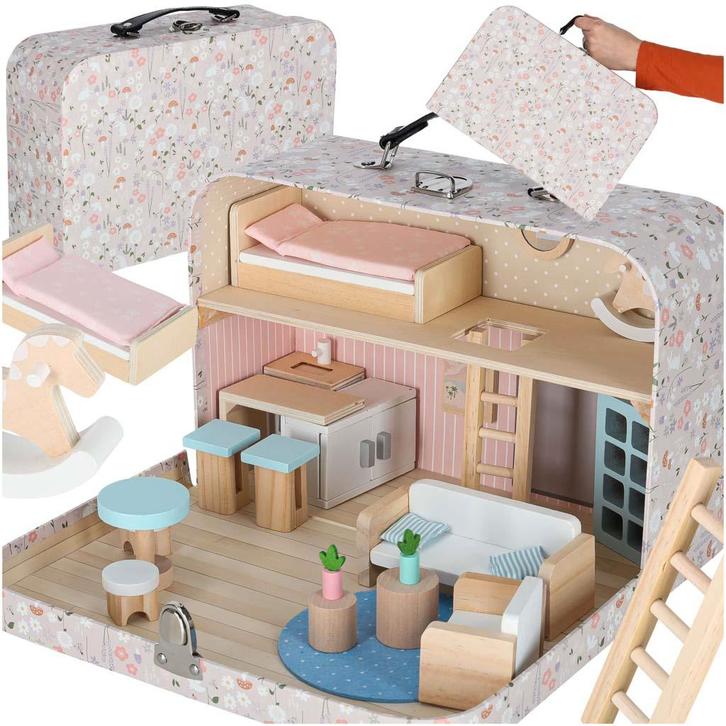 Poppenhuis in Koffer met Houten Meubels – Mini Draagbaar, Kinderen en Baby's, Speelgoed | Houten speelgoed, Ophalen of Verzenden