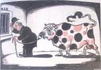 Spotprent met Braat en zn stier die gemolken moet worden, Antiek en Kunst, Verzenden