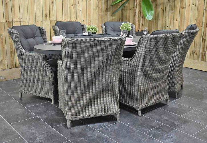 Akron Ovale Tafel 220 Keramischblad Dark Grey met 6 Darwin D, Tuin en Terras, Tuinsets en Loungesets, Eettafel, Stoel, 6 zitplaatsen
