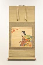 Een hangende rol van papier en zijde waarop een geisha onder