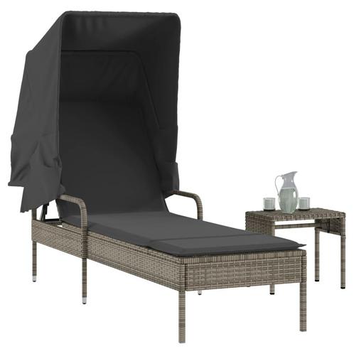 vidaXL Ligbed met luifel en tafel poly rattan grijs, Tuin en Terras, Ligbedden, Nieuw, Verzenden