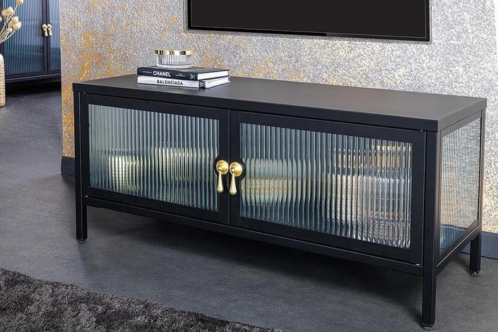 Moderne TV Lowboard AMSTERDAM 90cm Zwart Goud Dammen Glas, Huis en Inrichting, Kasten | Televisiemeubels, Ophalen of Verzenden
