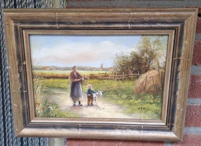 Toon Wildeboer (1934--2023) - Landleven moeder kind en, Antiek en Kunst, Kunst | Schilderijen | Klassiek