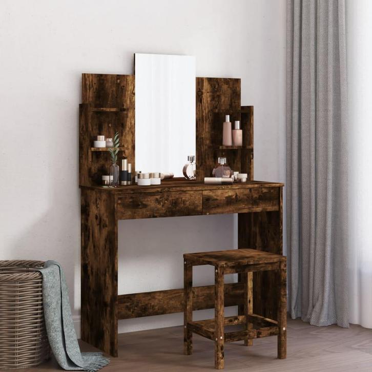 vidaXL Kaptafel met spiegel 96x39x142 cm gerookt, Huis en Inrichting, Tafels | Kaptafels, Nieuw, Verzenden