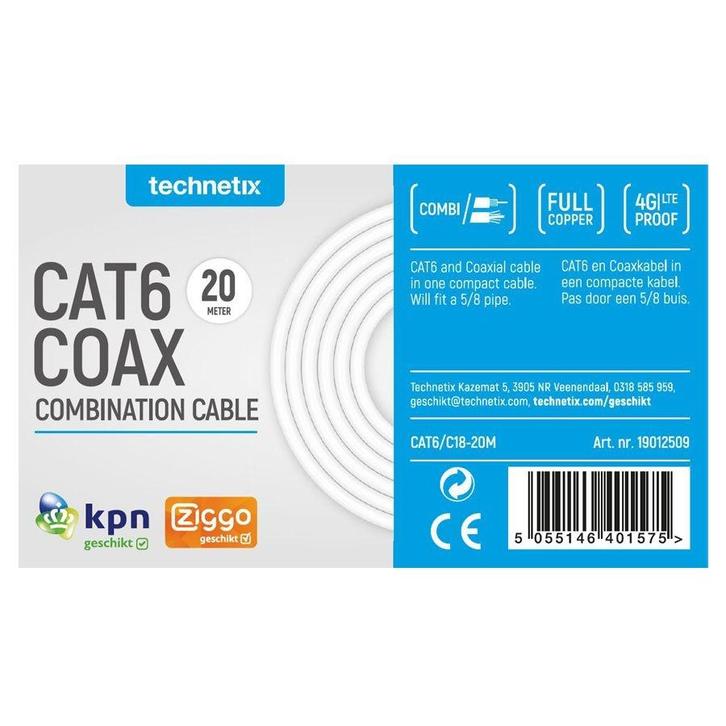 Technetix combikabel: CAT6/C18 - 20 meter CAT6 + Coax RG59T, Doe-het-zelf en Verbouw, Elektra en Kabels, Kabel of Snoer, Nieuw