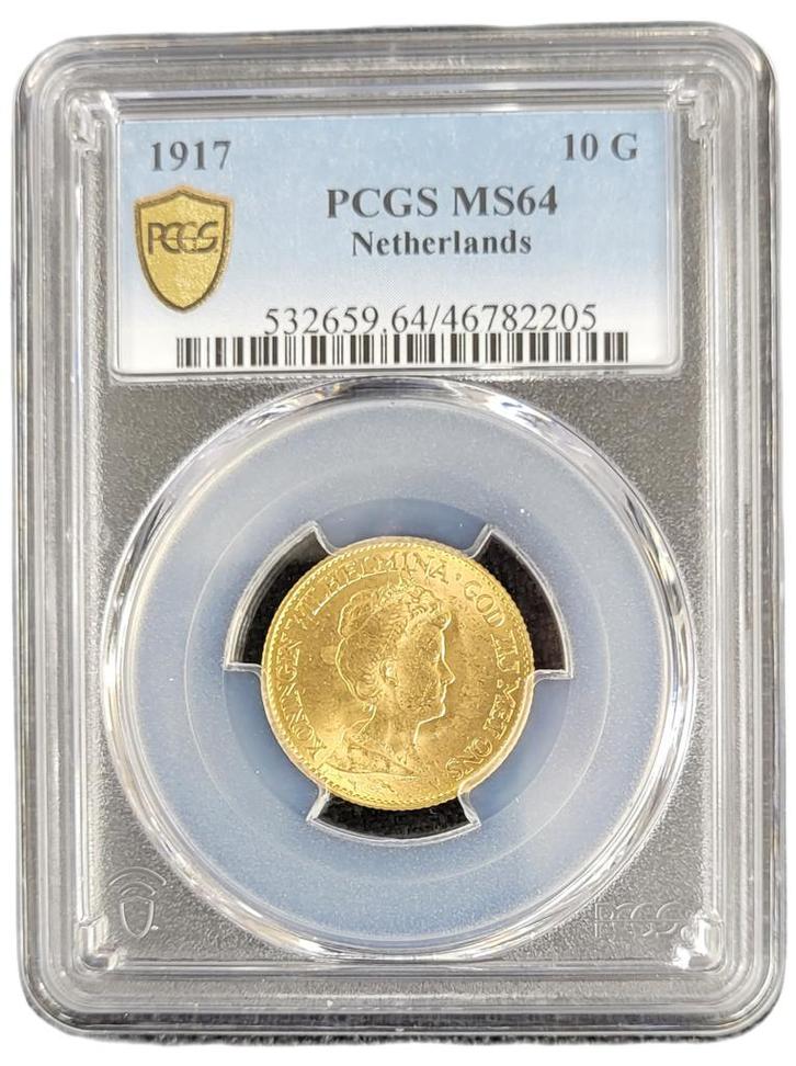 Gouden Wilhelmina 10 gulden 1917 MS64 gecertificeerd PCGS, Postzegels en Munten, Munten | Nederland, Losse munt, 10 gulden, Koningin Wilhelmina