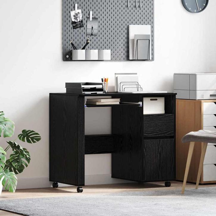 vidaXL Bureau met Wielen Zwart Eiken 91 x 50 x 77 cm Bewerkt, Huis en Inrichting, Bureaus, Nieuw, Verzenden