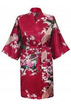 KIMU® Kimono Bordeauxrood Kort L-XL Yukata Satijn Boven de K, Kleding | Dames, Nieuw, Carnaval, Maat 42/44 (L), Ophalen of Verzenden