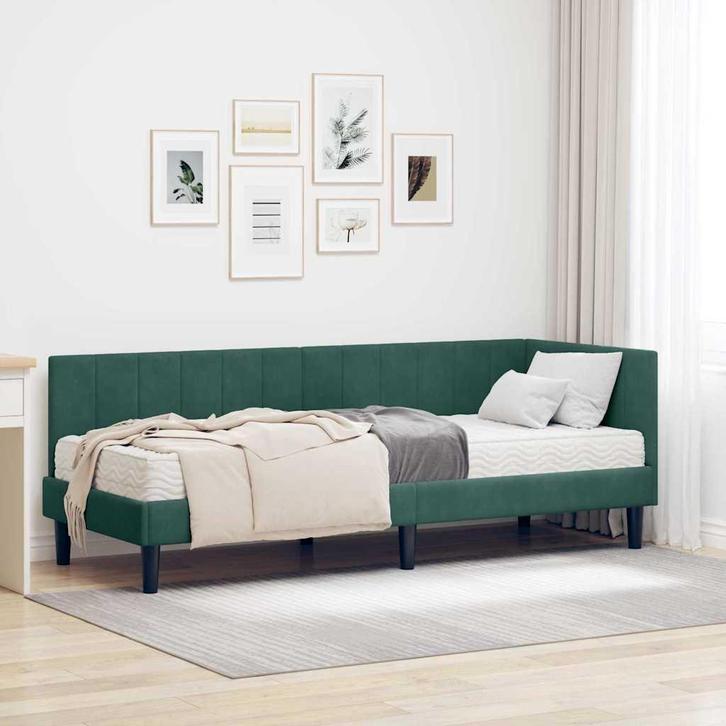 vidaXL Hoekbedframe met matras Donkergroen 80 x 200 cm, Huis en Inrichting, Slaapkamer | Bedden, Groen, Nieuw, Hout, Verzenden