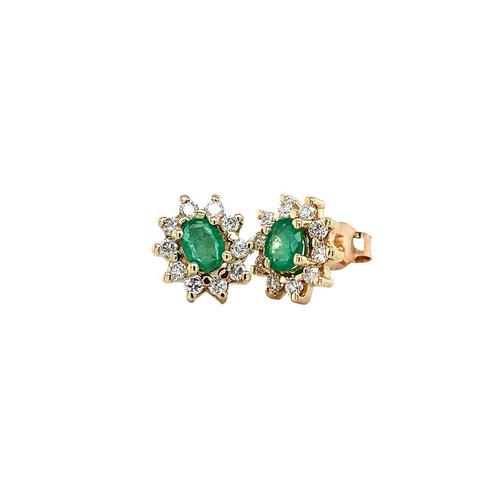 Gouden entourage oorstekers met diamant en smaragd 14, Sieraden, Tassen en Uiterlijk, Oorbellen, Zo goed als nieuw, Goud, Verzenden