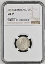 Koningin Wilhelmina 25 cent 1893 MS65 NGC zonder punt, Postzegels en Munten, Munten | Nederland, Verzenden, Zilver, 25 cent, Koningin Wilhelmina