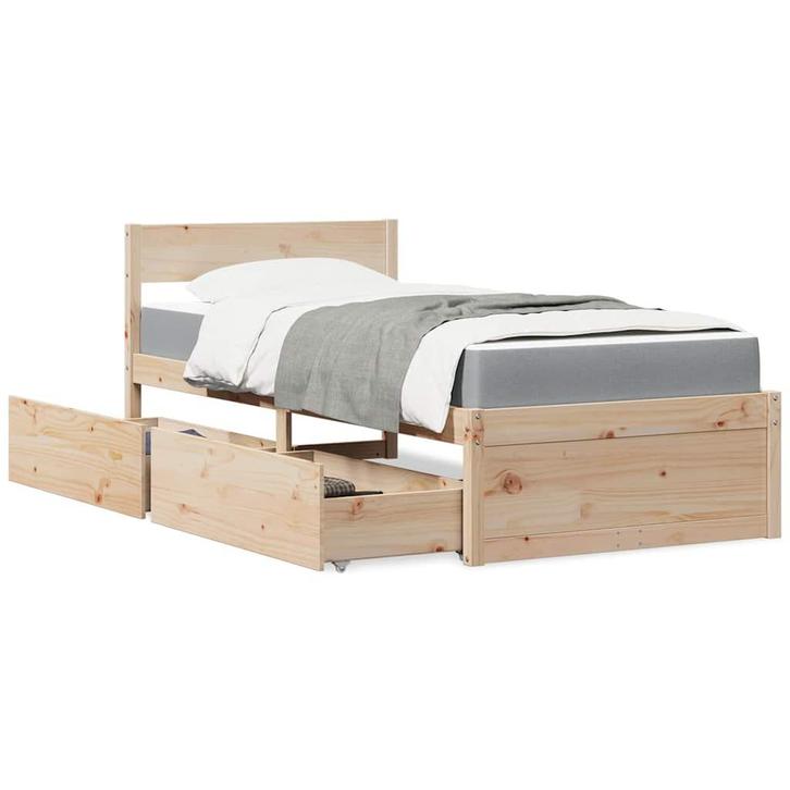 vidaXL Bed met lades en matras massief grenenhout 90x200 cm, Huis en Inrichting, Slaapkamer | Bedden, 90 cm, 200 cm, Bruin, Eenpersoons
