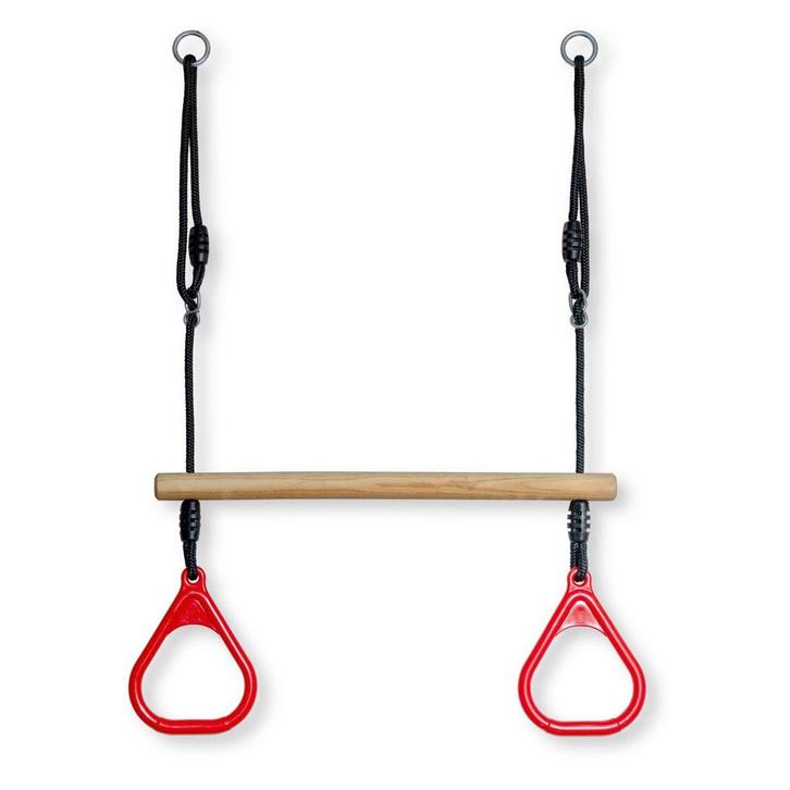 Houten Ringtrapeze met Kunststof Ringen Rood - BR touw zwart, Kinderen en Baby's, Speelgoed | Buiten | Speeltoestellen, Nieuw