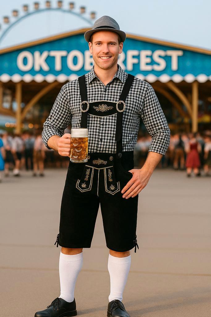 Grijs Oktoberfest Kostuum met Zwarte Lederhosen - Maat M, Kleding | Heren, Carnavalskleding en Feestkleding, Nieuw, Maat 48/50 (M)