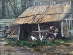 Marinus Gidding (1863-1925) - Boerenerf met twee koeien en